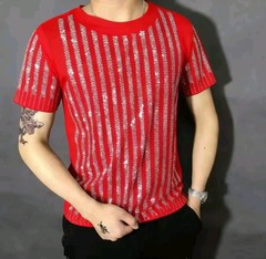 New Men Women Luxury Diamond Rhinestones Fashion Blue Red T-Shirt High Quality