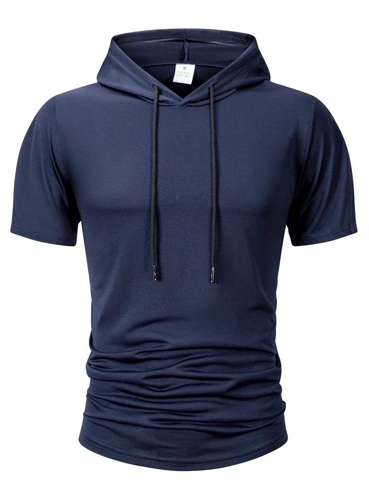 Men Summer Hoodie Short Sleeve Solid Color Loose Drawstring Pullover Top Casual