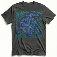 Alligator Gator Reptile Wildlife T-Shirt Tropical Blue Linocut Swamp Animal Tee
