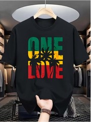 ONE LOVE Men’s Tropical Graphic T-Shirt – Navy Blue Tee with Red & Green ONE LO