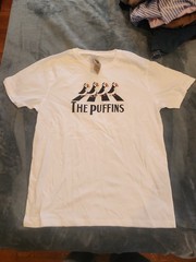 Icelandic Mens Large White Short Sleeve Tshirt Puffins Mock ABBEY Road