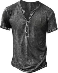 Mens Distressed Henley Shirt Short Sleeve Retro Washed Casual Slim Fit Tee