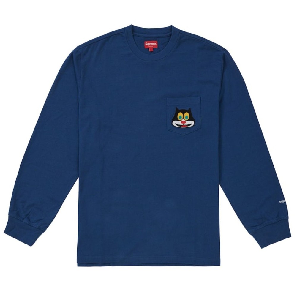 Supreme Cat L/S Pocket Tee Navy Medium FW19 New In Bag Embroidered Logo