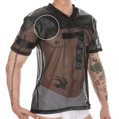 Men’s Short Sleeve Black Mesh Sheer T-shirt Transparent Fishnet Stripe Tee Tops