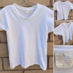 Vintage Two Guys White V Neck T Shirt Combed Cotton Size M Single Stitch