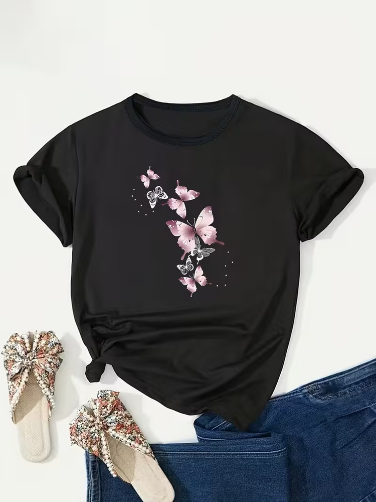 Plus Size, Pink Butterfly Print Plus Size Women’s T-Shirt