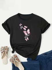 Plus Size, Pink Butterfly Print Plus Size Women’s T-Shirt