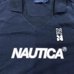 Nautica Shirt Mens Medium Blue V-Neck Collar Logo Graphic Tee Nautical