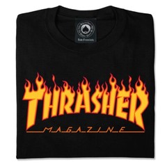 Thrasher Magazine FLAMES LOGO Skateboard T Shirt BLACK