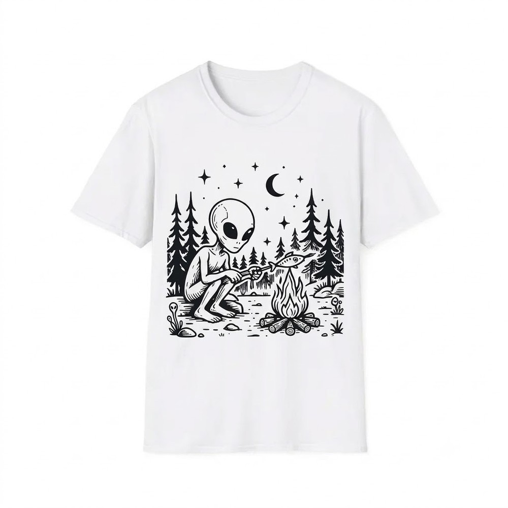 Alien Roasting Fish Cosmic Campfire Graphic White T-Shirt, Gift For Fans