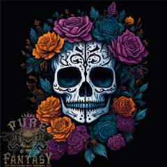 A Sugar Skull With Roses Day of the Dead DOTD Mens T-Shirt 100% Cotton