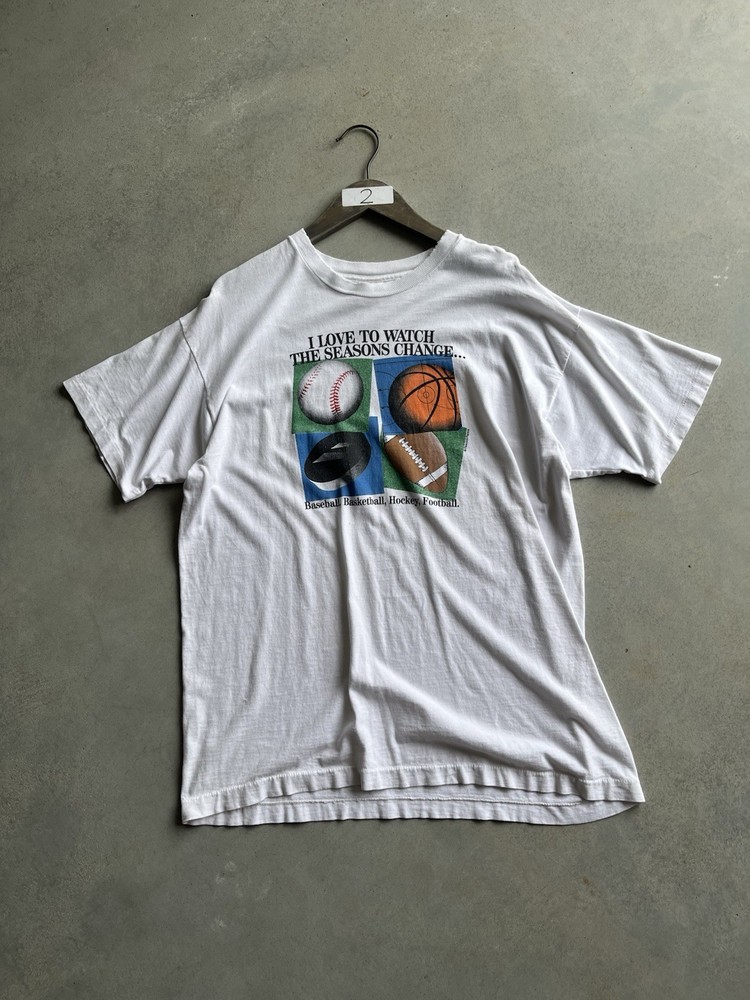 90s white sports graphic tee Single Stitch