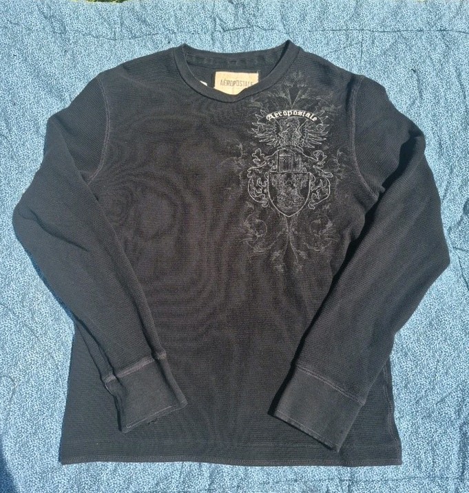 Aeropostale Thermal Waffle Knit Graphic Black Crest LS Shirt Large Y2K Grunge
