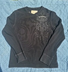 Aeropostale Thermal Waffle Knit Graphic Black Crest LS Shirt Large Y2K Grunge