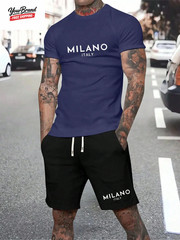 Man Soild Color Letter Print Sports T-Shirt Shorts Set Summer Men’S Short Sleeve