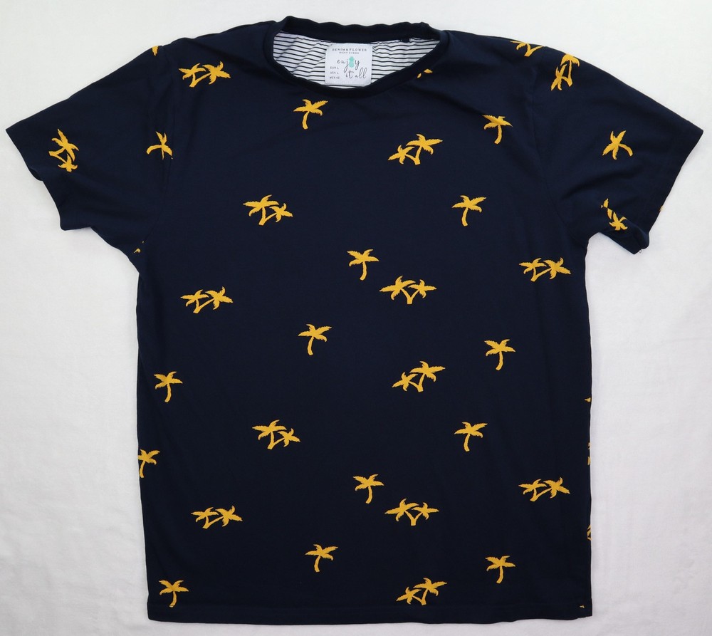 Denim & Flower Shirt Mens Large Navy Allover Palm Tree Graphic Tropical Tee