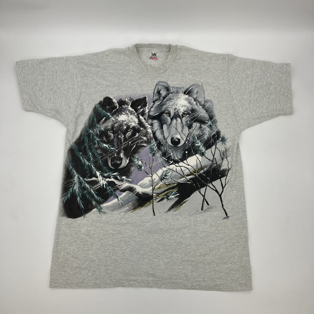 Vintage 93 black&gray wolf front/back snow scene single stitch on Fruity tag XL