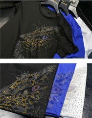 New Men Fashion Leopard Trend Hot Diamonds Rhinestones Summer Luxury T-Shirt