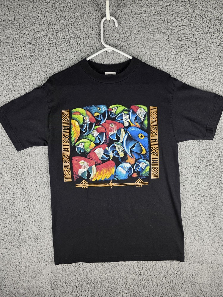 Vintage Nancy Blowers Parrot Shirt Mens Medium Black Colorful Birds Art 90s Tee