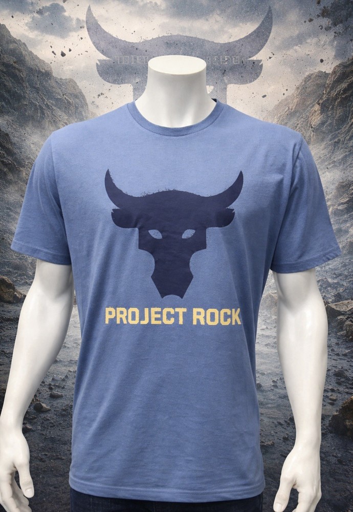 Under Armour Project Rock Blue Black Brahma Bull Logo Graphic T-Shirt Size XL