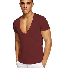 Men’s Deep V-Neck T-Shirt, Cotton Fitness Leisure Tops, Solid Color Europe Size