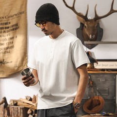 American retro T-shirt men new short-sleeved men summer Henry collar