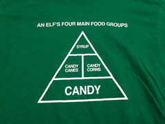 NEW CHRISTMAS T SHIRT MENS LARGE GREEN ELF’S FOUR MAIN FOOD GROUPS CANDY SYRUP