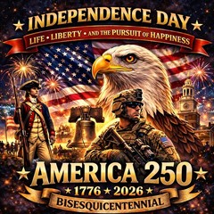 250 Years of Freedom 1776-2026 Patriotic Eagle T-Shirt USA Flag 4th of July Tee