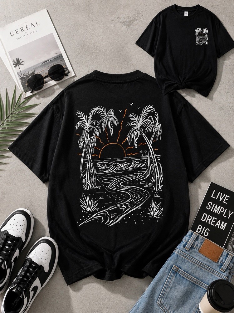 Tropical Beach Sunset Graphic Unisex T-Shirt | Coastal Palm Tree Back Print