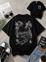 Tropical Beach Sunset Graphic Unisex T-Shirt | Coastal Palm Tree Back Print