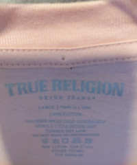 True Religion Foil Taping Men’s TEE Dull Pink Size Large Metallic Logo Stretch