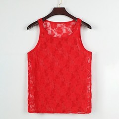 Men’s Stretchy Floral Lace Mesh Tank Top Sleeveless Fitted Vest for Vacation