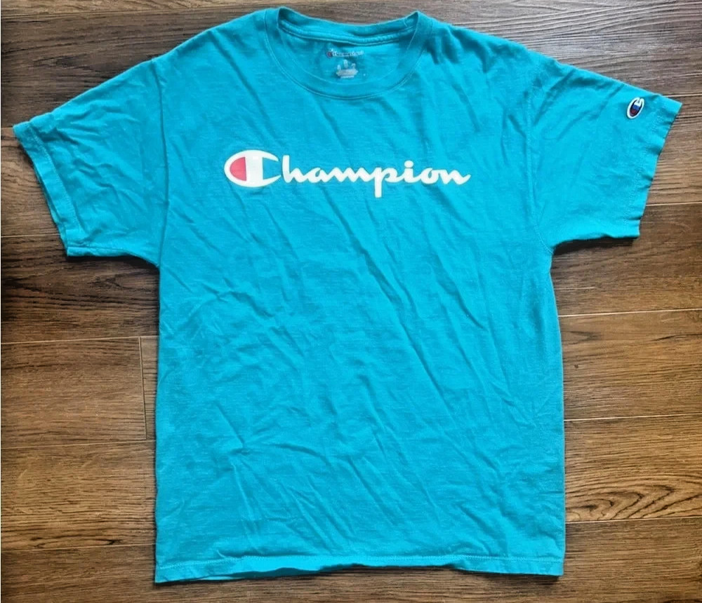 Champion Classic Script Logo Cotton Jersey Tee, Electric Cyan Teal, Medium