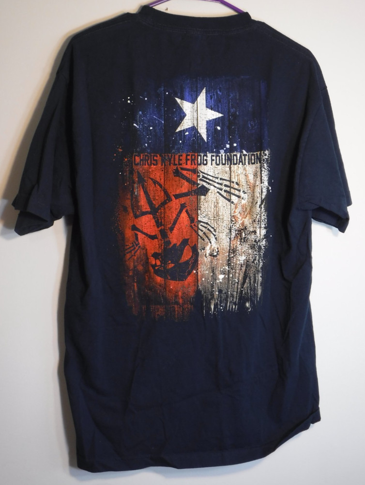 Chris Kyle Frog Foundation T Shirt Mens L Navy Blue Red White Texas Flag Tee