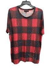 IRO ALESSIO TEE in BUFFALO CHECK Red Black Medium 100% Linen Distressed #AAA5-4