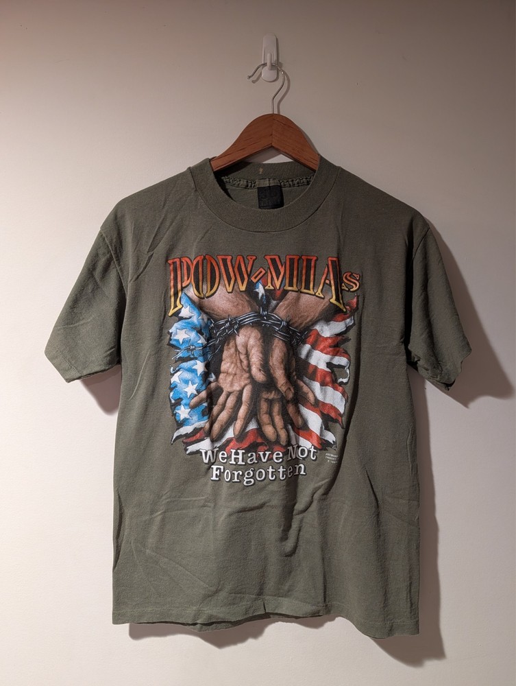 VTG 1989 3D Emblem POW MIA We Have Not Forgotten Graphic T Shirt Mens M Olive