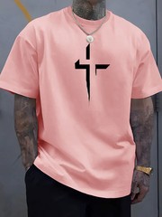 Men T Shirt 100% Cotton Round Neck Short Sleeve Cross Print Plus Size Loose Fit