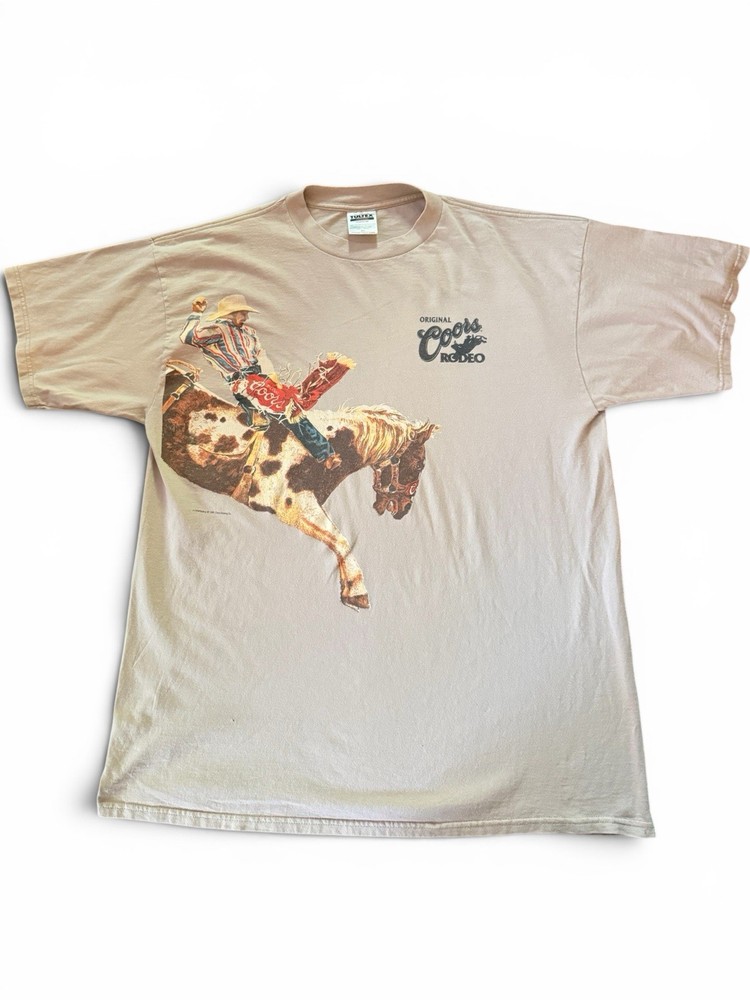 Vintage 1996 Coors Beer Cowboy Rodeo Wild West Tee Cream Colored Double Sided 2X