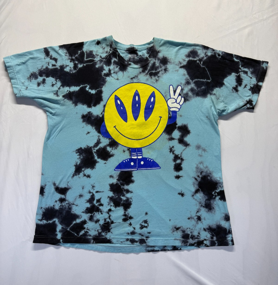 Alab T Shirt Mens Large Blue Black Tie Dye Graphic Alien Smiley Face Come Peace