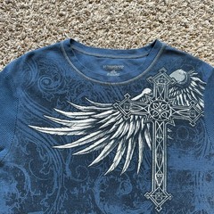 Vintage No Boundaries Thermal Shirt Size L Blue Y2K Skull Cross Wings Cyber Punk