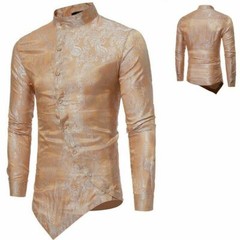 Men Printed Shirt Vintage Long Sleeve Grandad Collar Top Asymmetric Hem Slim YM0