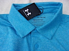 NWT Under Armour Loose Fit Playoff polo, men’s L, XL, blue, bright green stripe