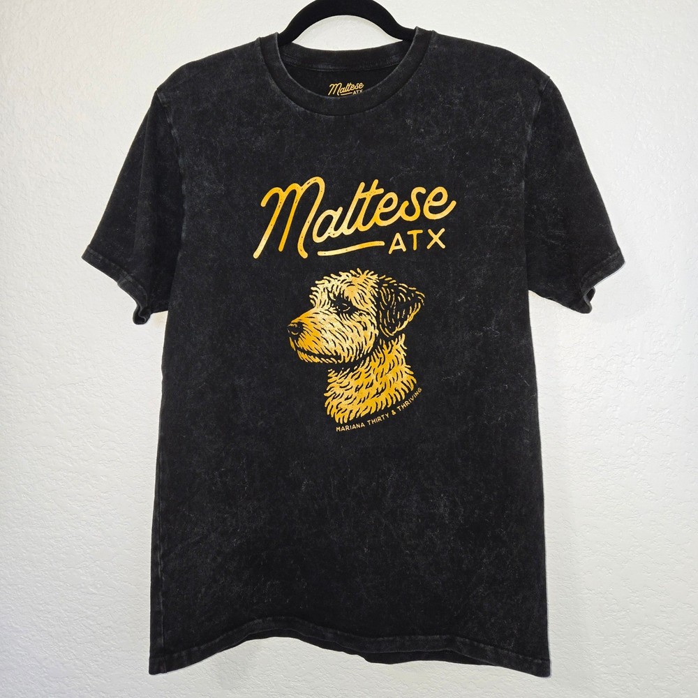 Maltese ATX Graphic T Shirt Black Acid Wash Dog Print Size Small