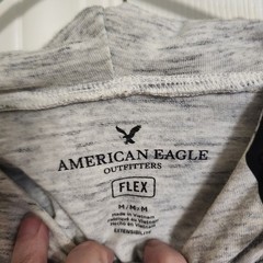 American Eagle Mens Flex hooded long sleeve tee, Heather Gray, Hand Pocket, Sz M