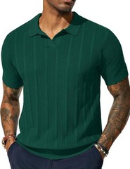 Mens V-Neck Knit Polo Shirt Textured Lightweight Breathable Summer Casual Top