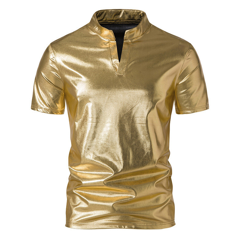 Men’s Glossy Henry Collar Fashion Nightclub T-Shirt