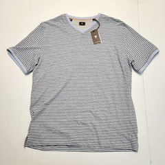 $115 New LEFT COAST TEE V-Neck Shirt S/S Cotton Men LARGE L Blue Gray STRIPED