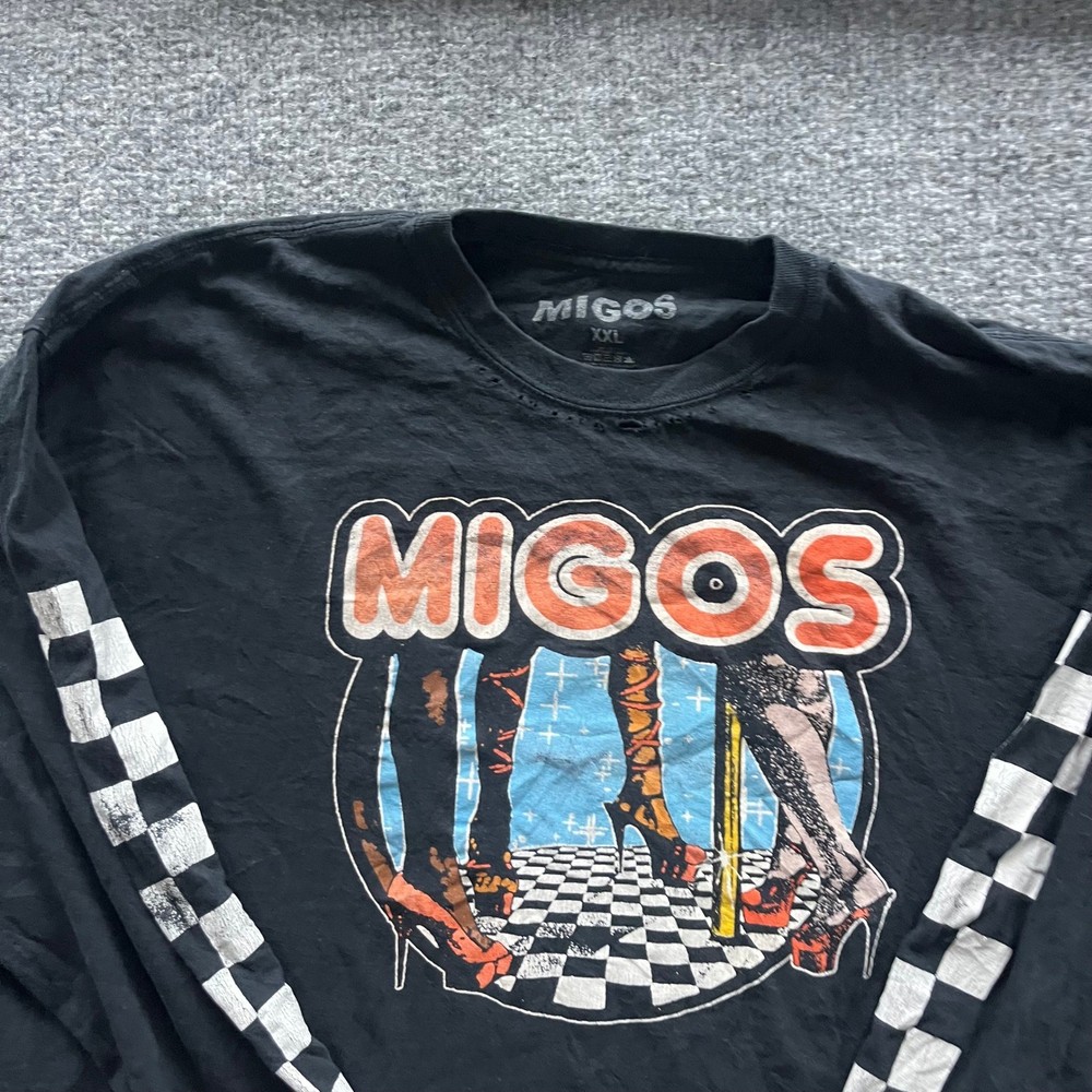 Migos Long Sleeve Shirt Mens Size XXL Black Checkered Graphic Distressed Rap Tee