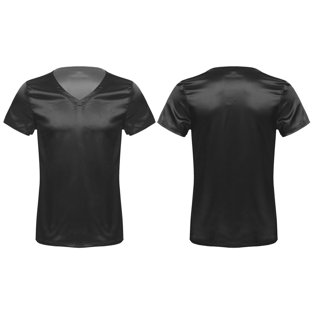 Mens Satin Silk Shirt Short Sleeve Loose Pajamas T-Shirt Tee Blouse Nightwear