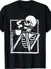 Coffee Drinking Skeleton Skull Funny TShirt Men’S short sleeved Tshirt